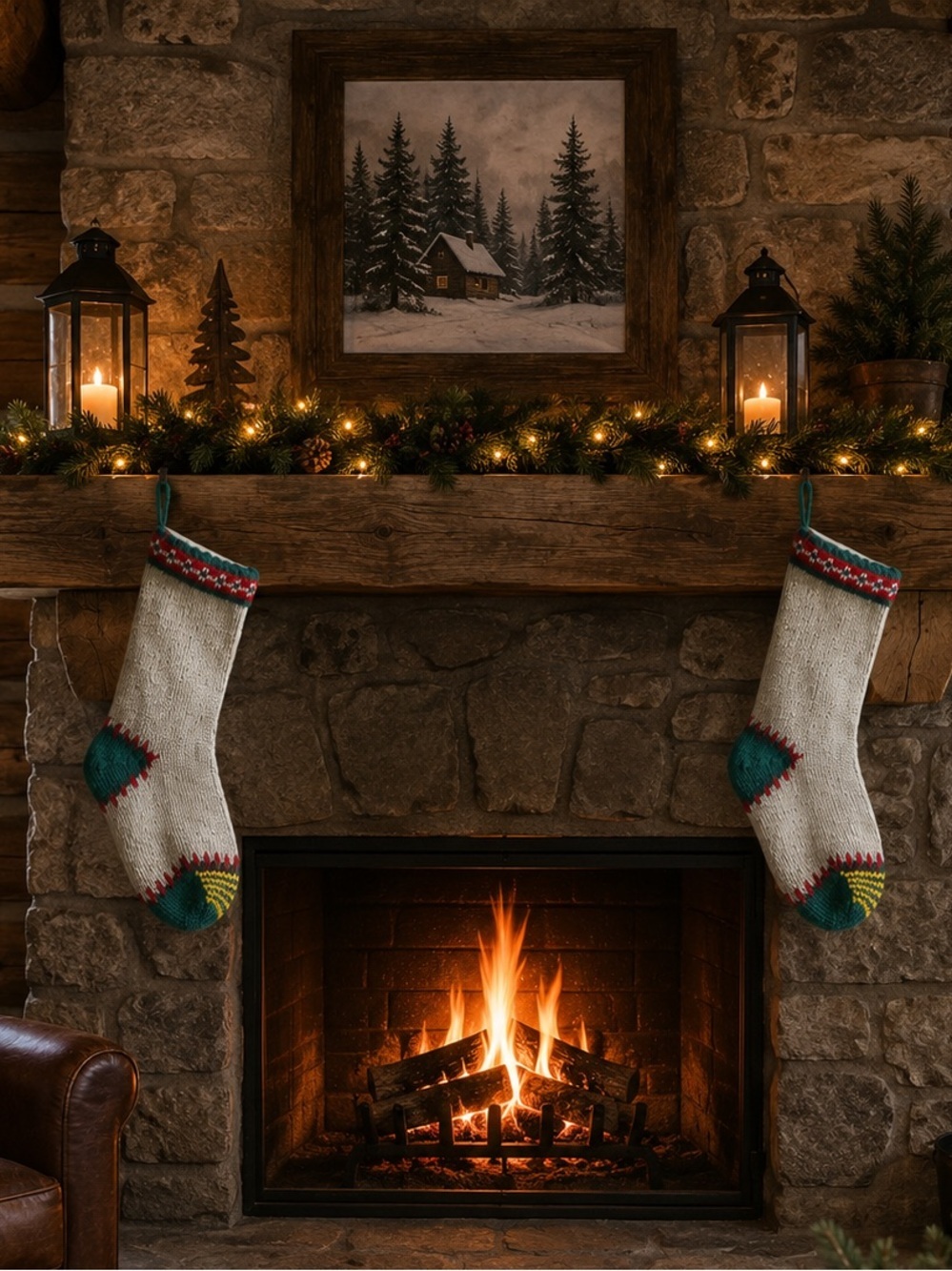 Vintage Knit  Crochet Christmas Farmhouse Mantle Stockings